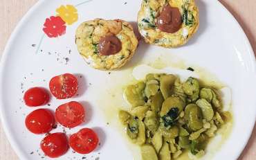 Baked omelet muffins, fava beans and tomatoes